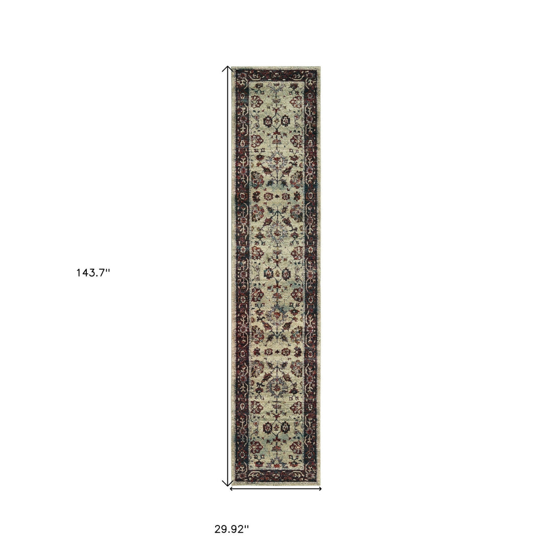 12 Runner Stone and Red Oriental Power Loom Runner Rug Image 3