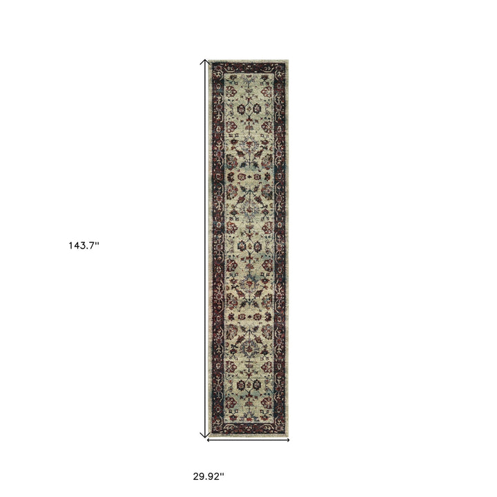 12 Runner Stone and Red Oriental Power Loom Runner Rug Image 3