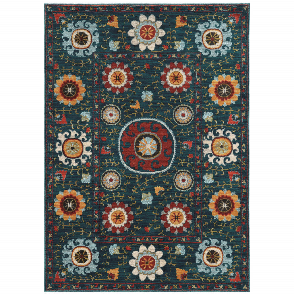 10 X 13 Teal Blue Rust Gold And Ivory Floral Power Loom Stain Resistant Area Rug Image 1