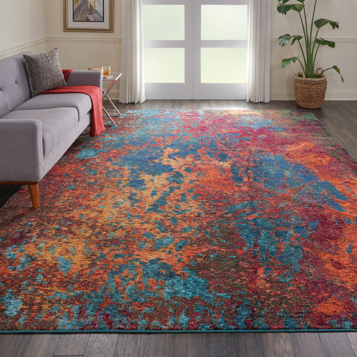 10 x 14 Blue and Orange Abstract Power Loom Area Rug Image 6