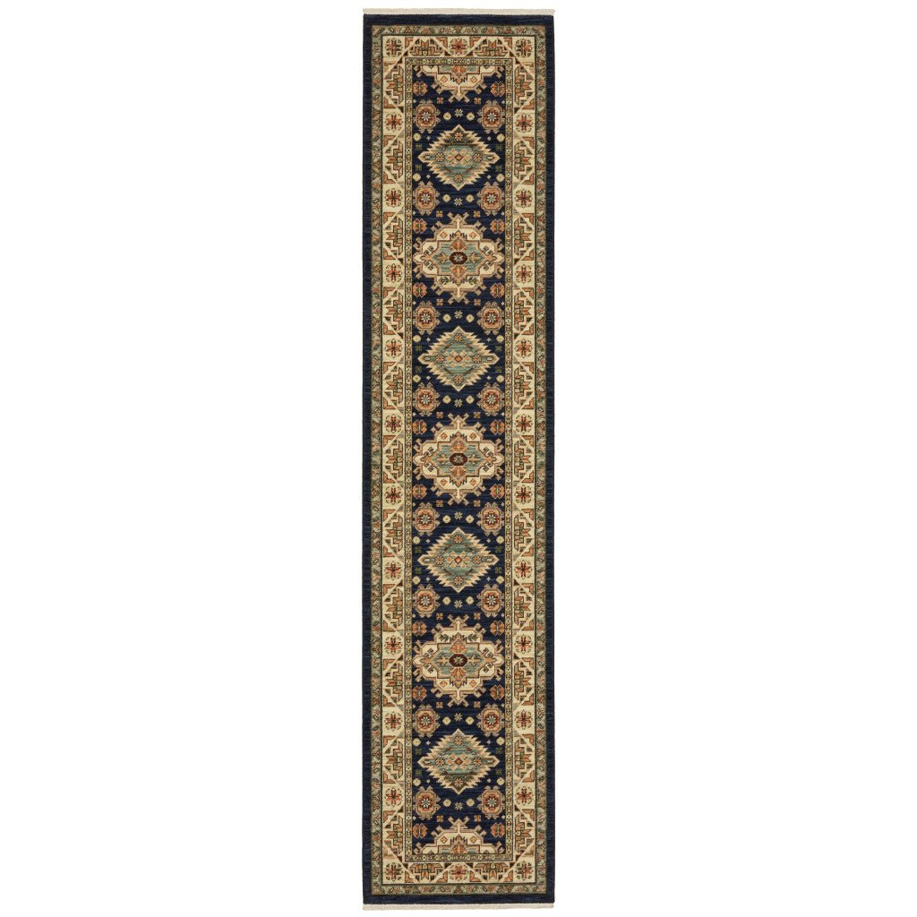 12 Blue and Orange Oriental Power Loom Runner Rug Image 1