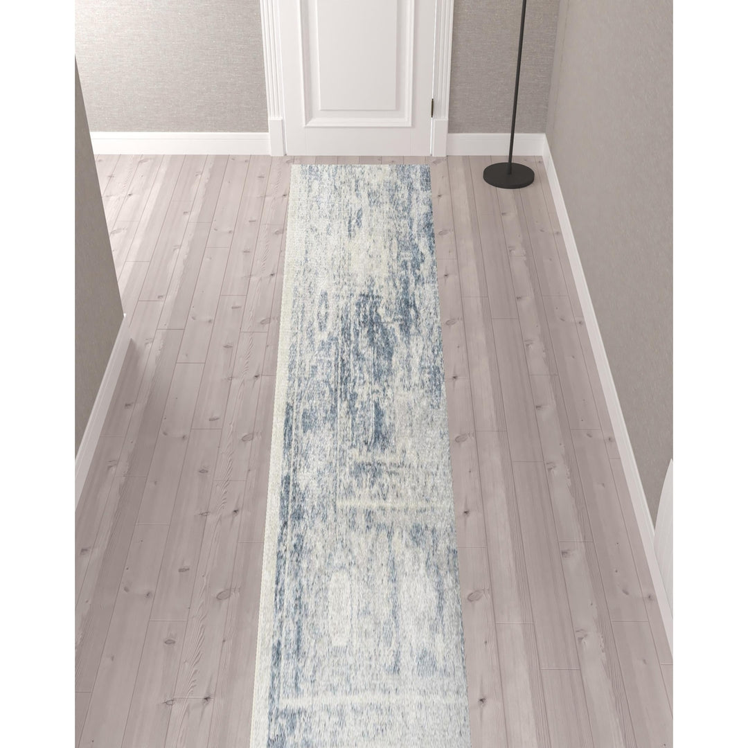 12 Blue Oriental Power Loom Distressed Washable Runner Rug Image 3