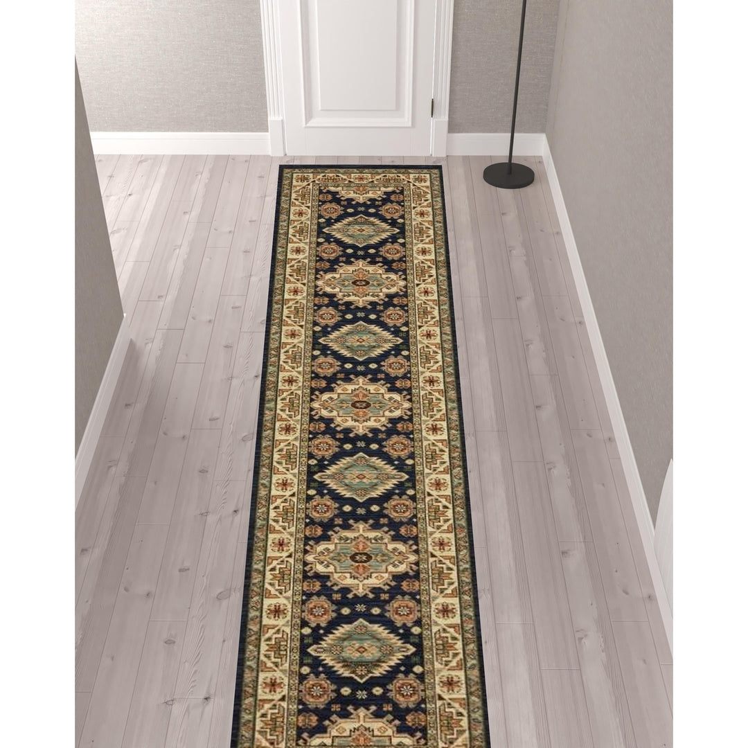 12 Blue and Orange Oriental Power Loom Runner Rug Image 2