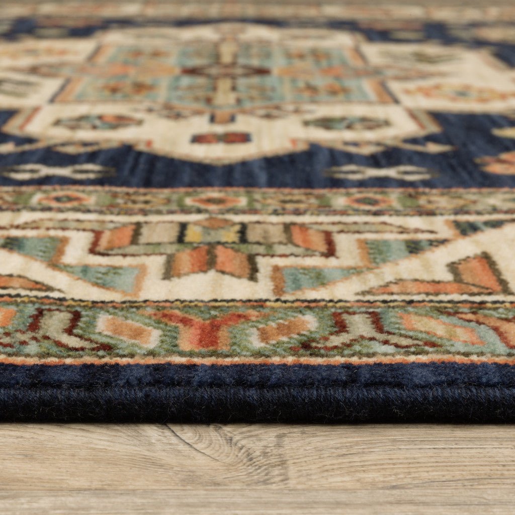 12 Blue and Orange Oriental Power Loom Runner Rug Image 3