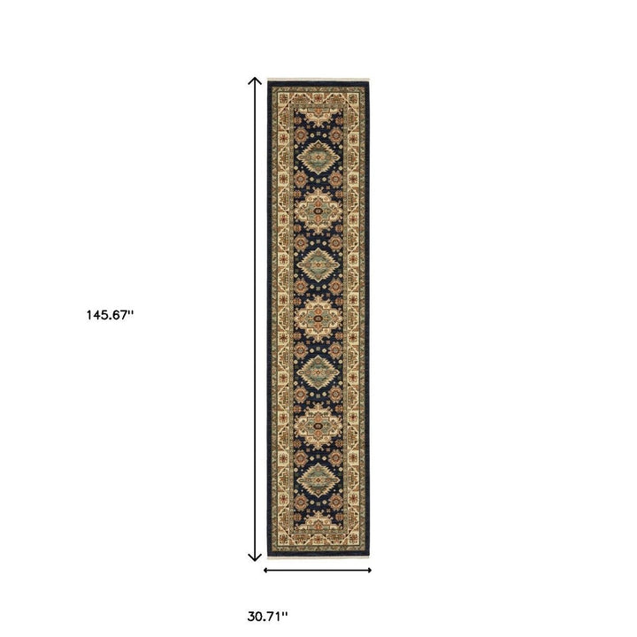 12 Blue and Orange Oriental Power Loom Runner Rug Image 10