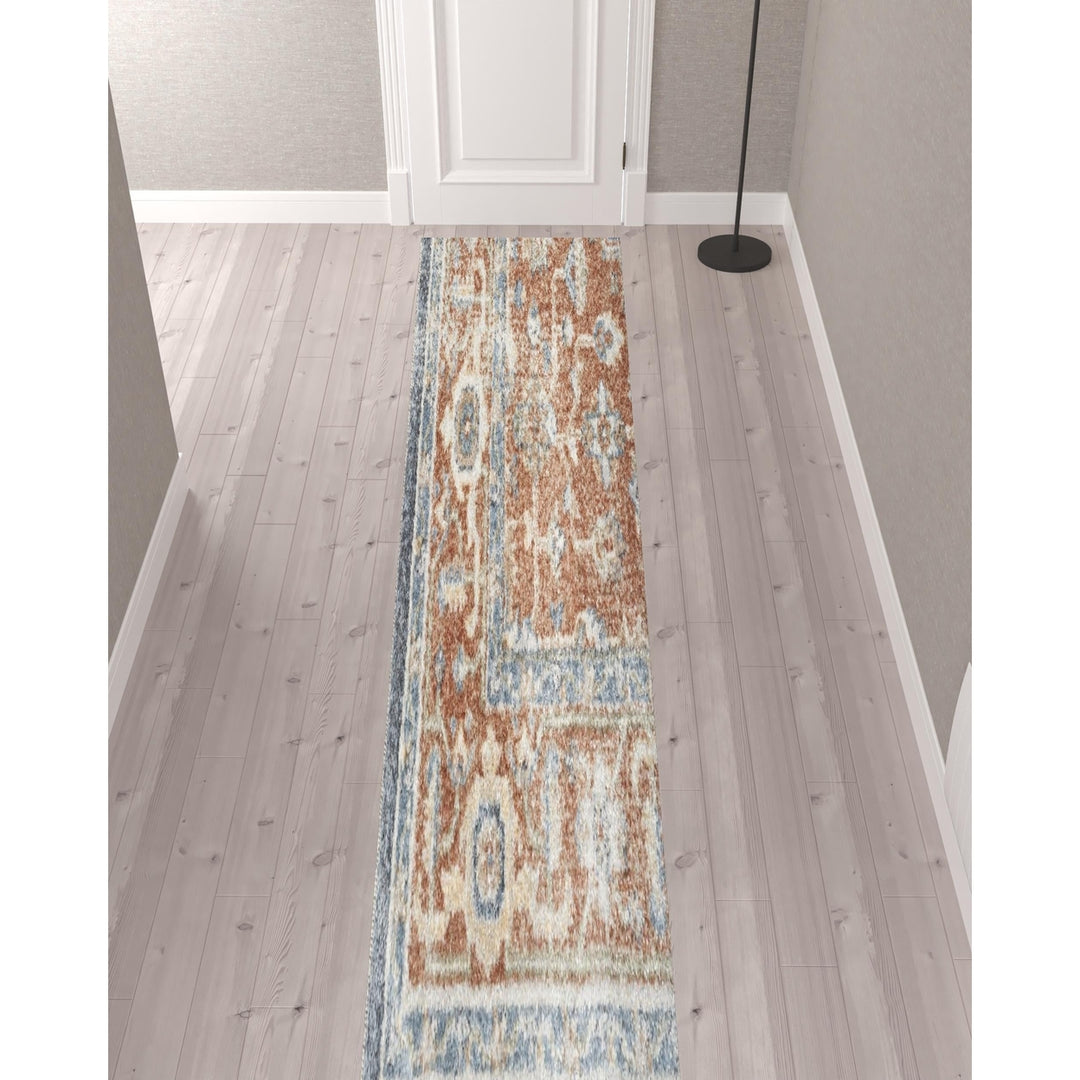 12 Denim Blue Oriental Power Loom Distressed Washable Runner Rug Image 3