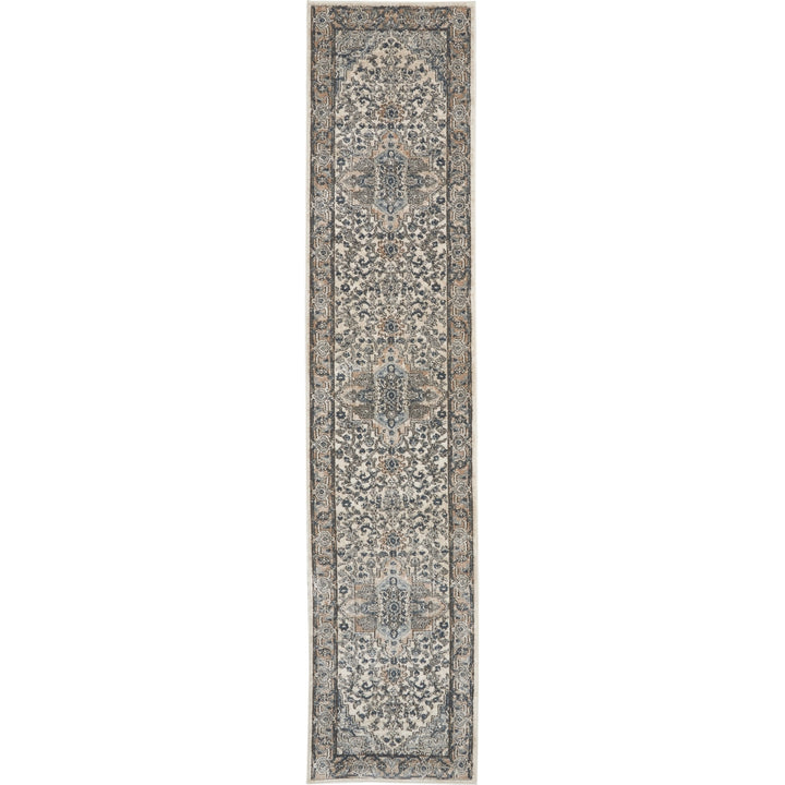 12 Gray and Ivory Medallion Power Loom Runner Rug Image 1