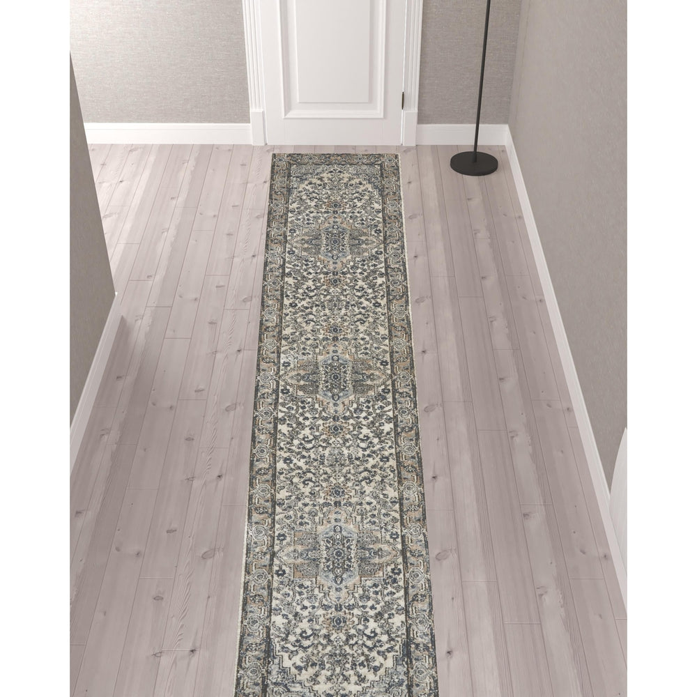 12 Gray and Ivory Medallion Power Loom Runner Rug Image 2