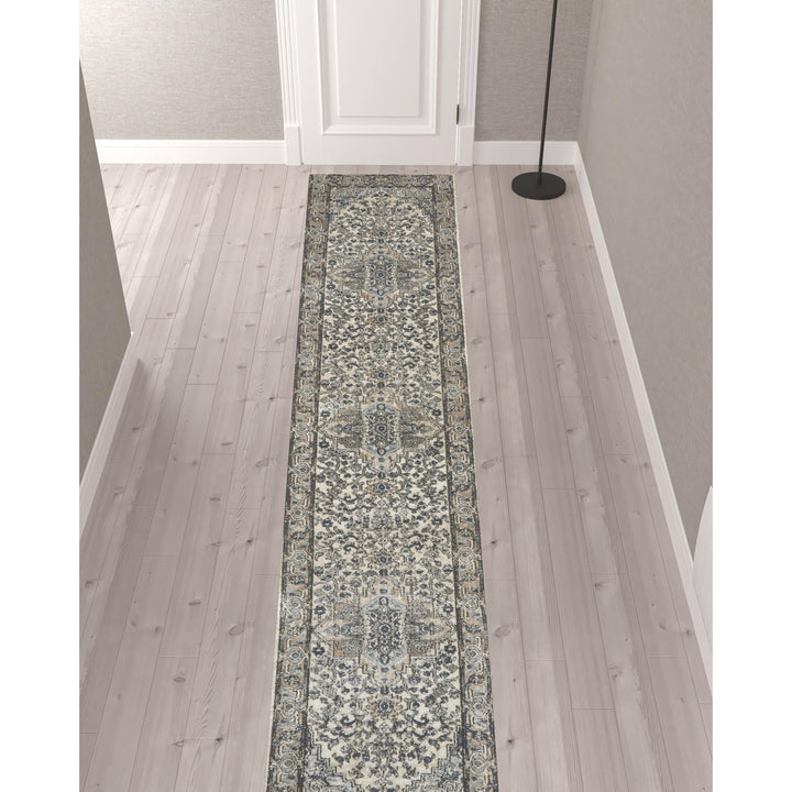 12 Gray and Ivory Medallion Power Loom Runner Rug Image 2