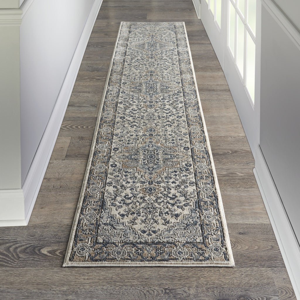 12 Gray and Ivory Medallion Power Loom Runner Rug Image 7