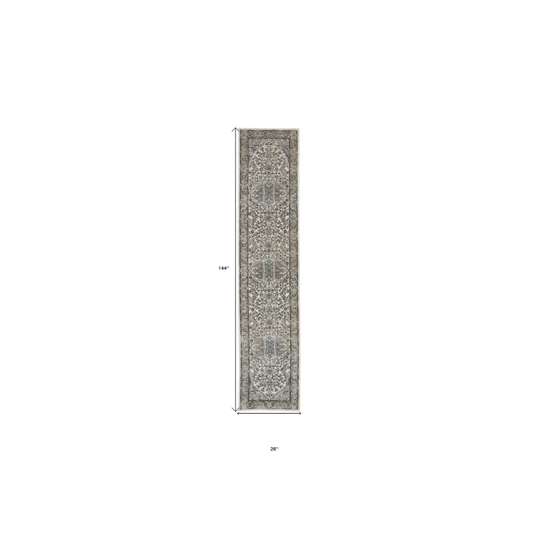 12 Gray and Ivory Medallion Power Loom Runner Rug Image 8