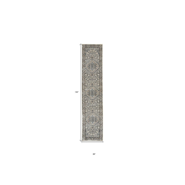 12 Gray and Ivory Medallion Power Loom Runner Rug Image 8