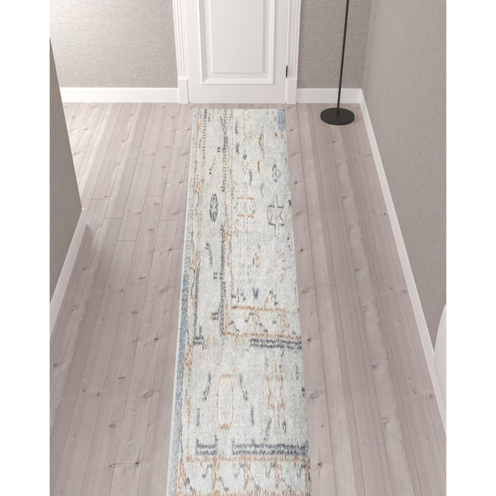 12 Light Blue Oriental Power Loom Distressed Washable Runner Rug Image 4