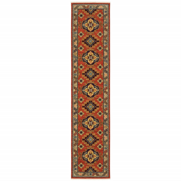 12 Red Gold Blue Brown Oriental Power Loom Runner Rug With Fringe Image 1