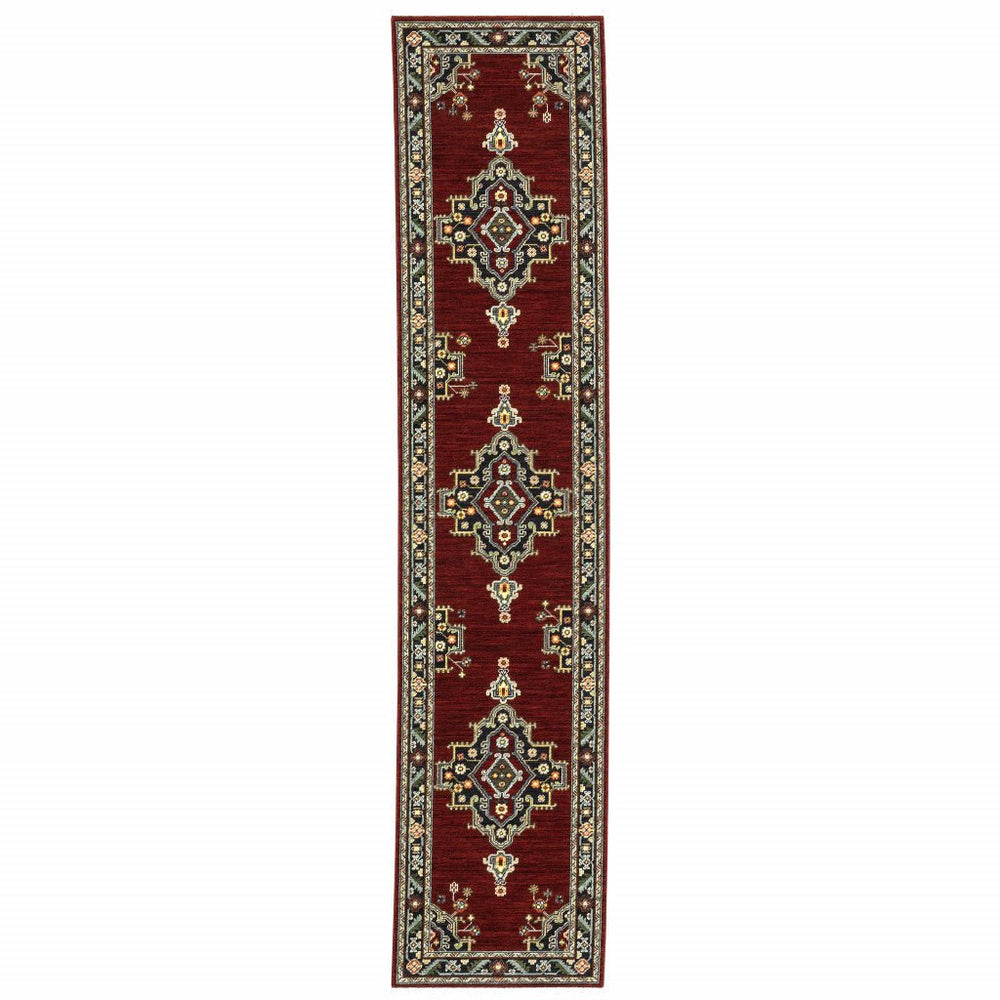 12 Red And Black Oriental Power Loom Runner Rug With Fringe Image 2