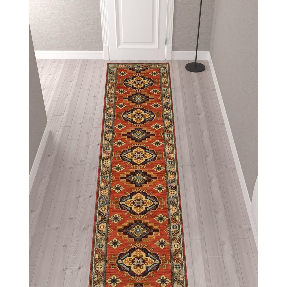 12 Red Gold Blue Brown Oriental Power Loom Runner Rug With Fringe Image 2