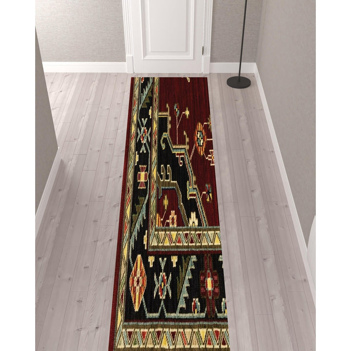 12 Red And Black Oriental Power Loom Runner Rug With Fringe Image 3