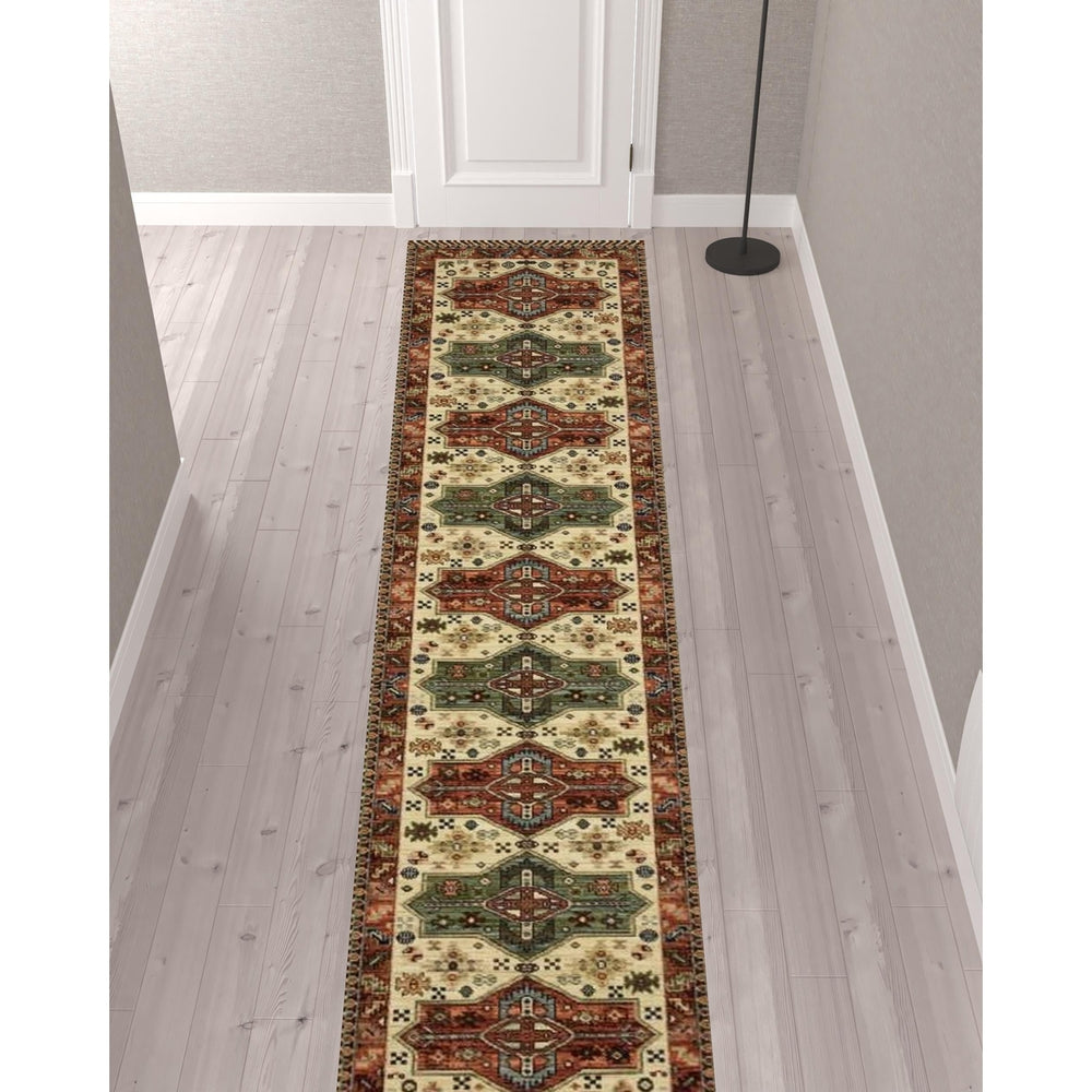 12 Red and Ivory Oriental Power Loom Runner Rug Image 2