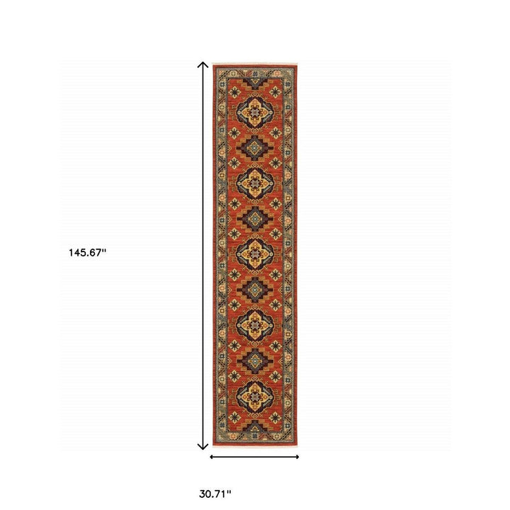 12 Red Gold Blue Brown Oriental Power Loom Runner Rug With Fringe Image 7