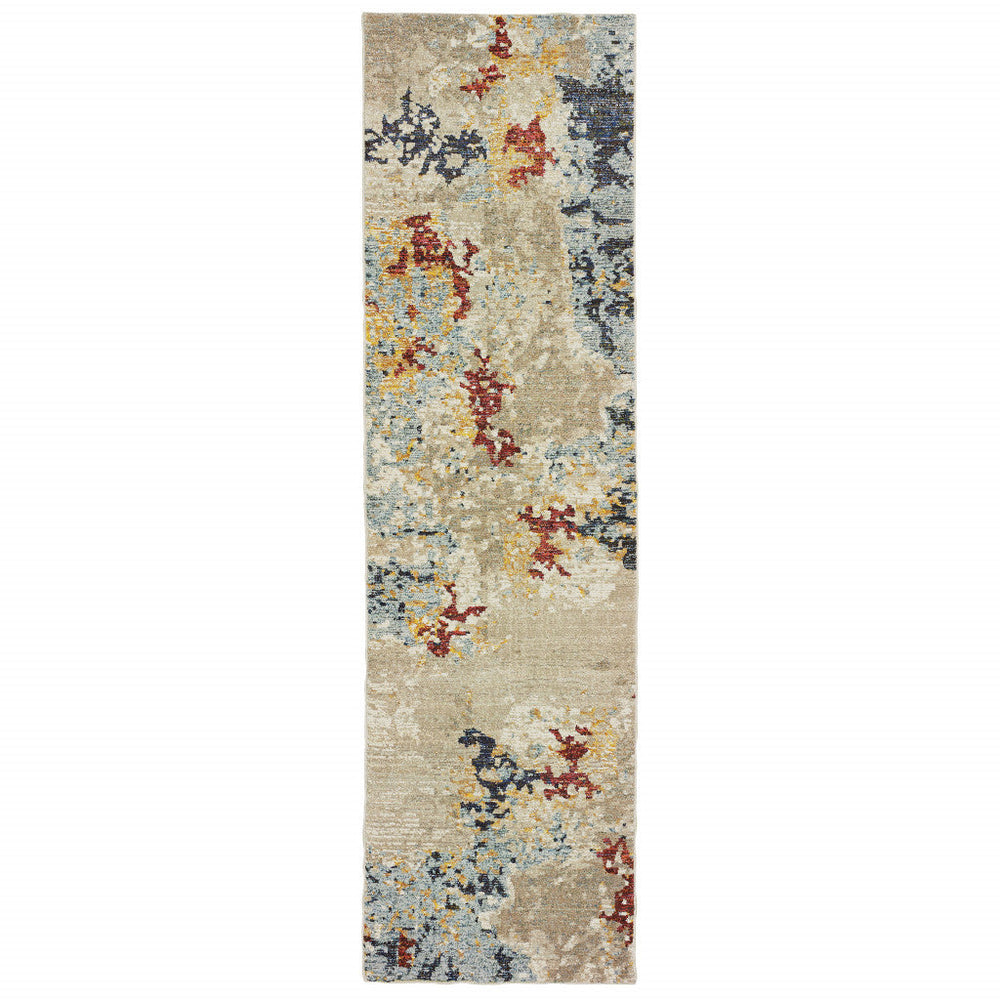 12 Runner Beige and Blue Abstract Power Loom Runner Rug Image 2