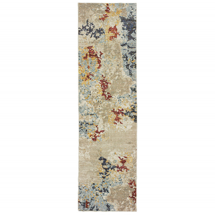 12 Runner Beige and Blue Abstract Power Loom Runner Rug Image 2