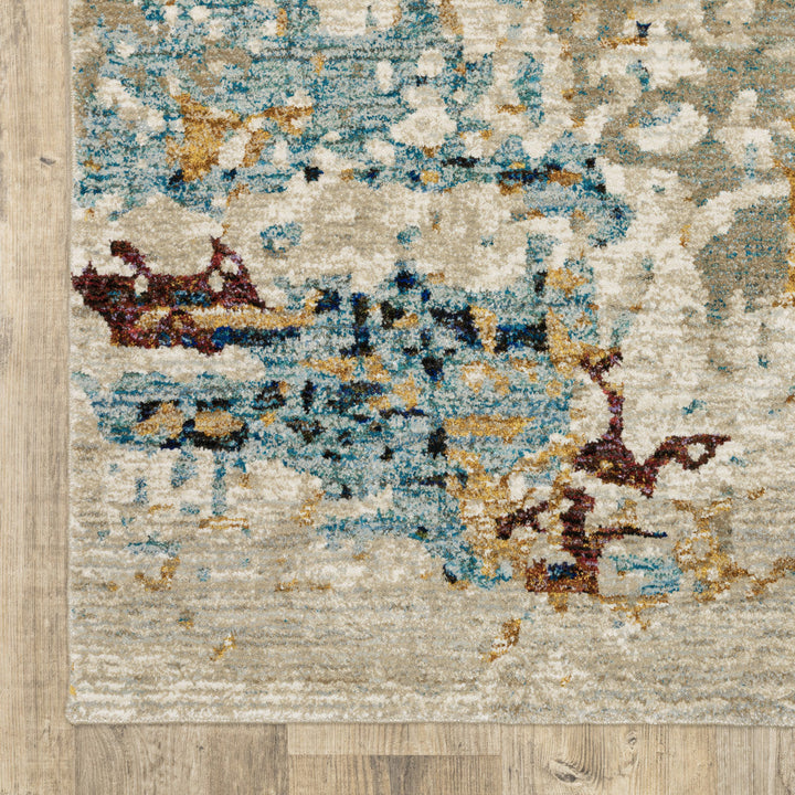 12 Runner Beige and Blue Abstract Power Loom Runner Rug Image 5