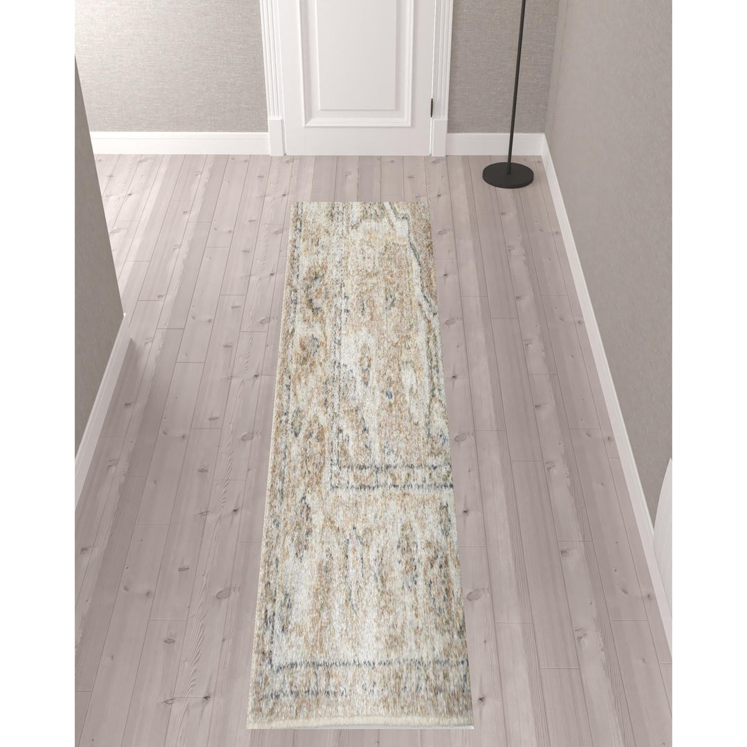 10 Beige Oriental Power Loom Washable Runner Rug Image 3