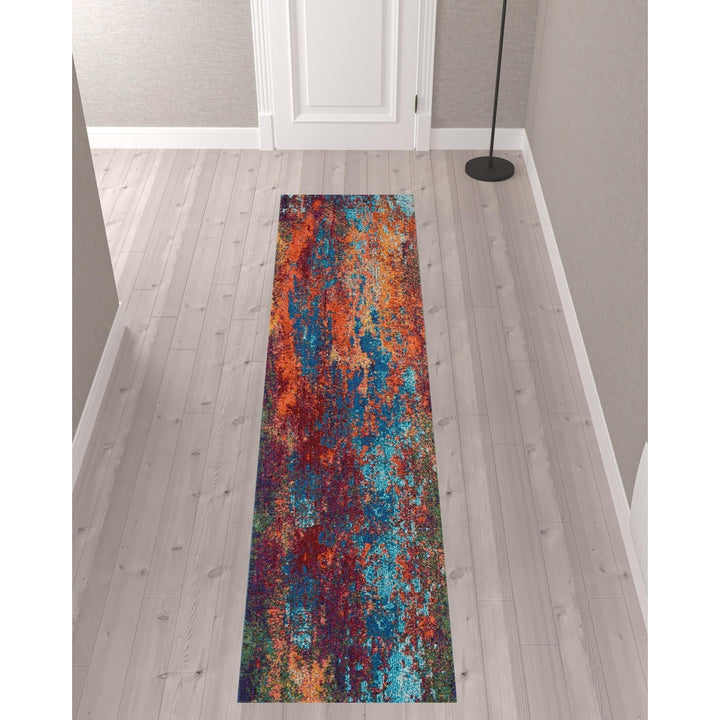 10 Blue and Orange Abstract Power Loom Runner Rug Image 2