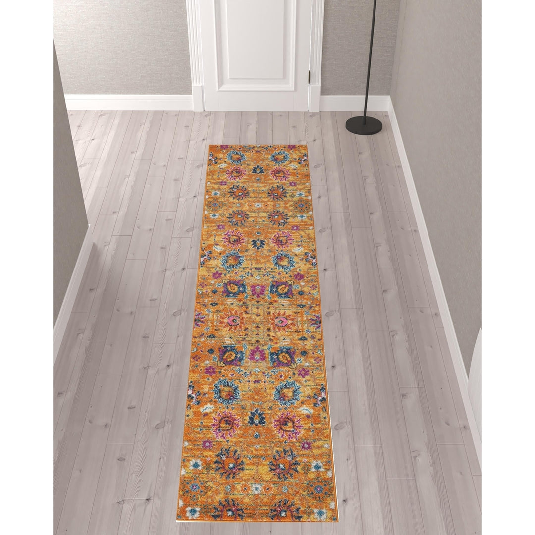 10 Gold Floral Power Loom Runner Rug Image 2