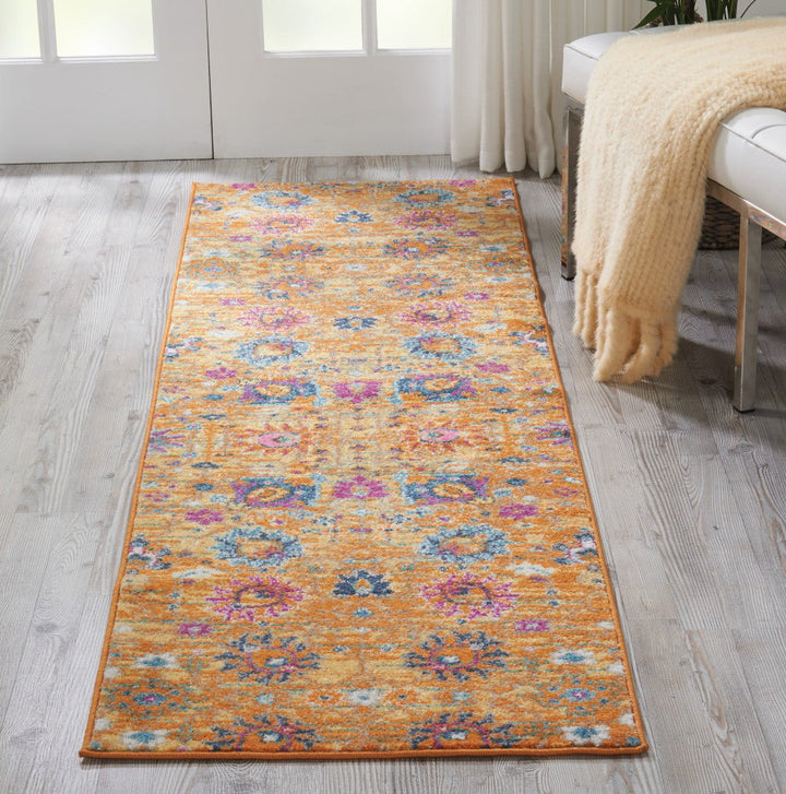 10 Gold Floral Power Loom Runner Rug Image 5