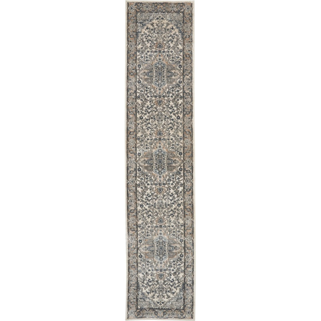 10 Gray and Ivory Medallion Power Loom Runner Rug Image 1