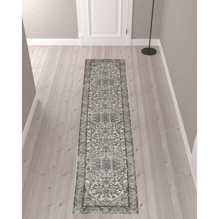 10 Gray and Ivory Medallion Power Loom Runner Rug Image 2