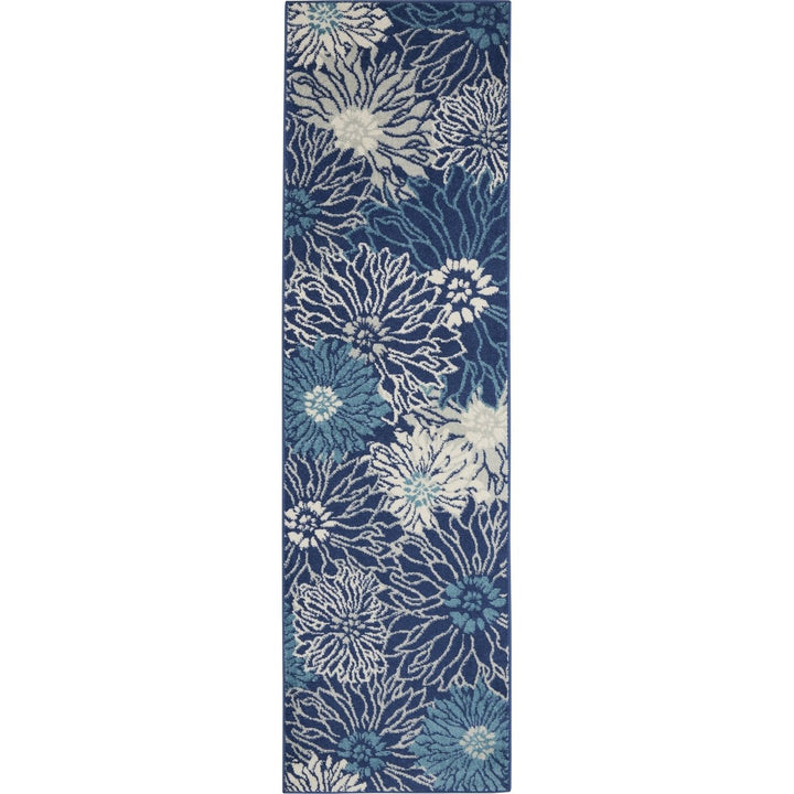 10 Navy Blue Floral Power Loom Runner Rug Image 1