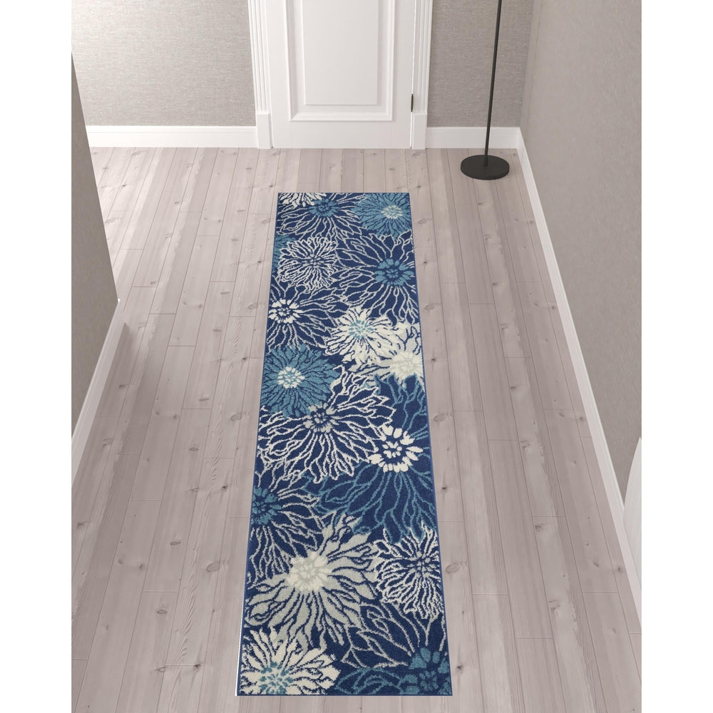 10 Navy Blue Floral Power Loom Runner Rug Image 2