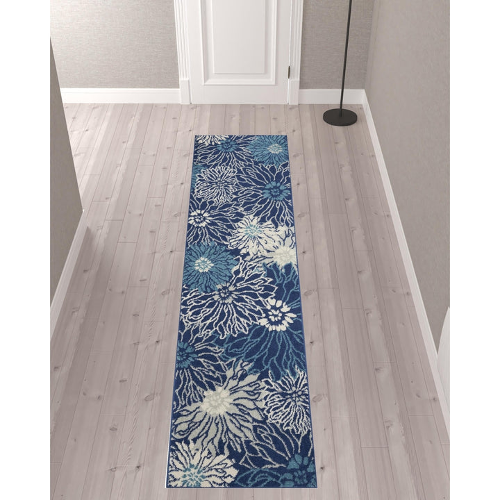 10 Navy Blue Floral Power Loom Runner Rug Image 2