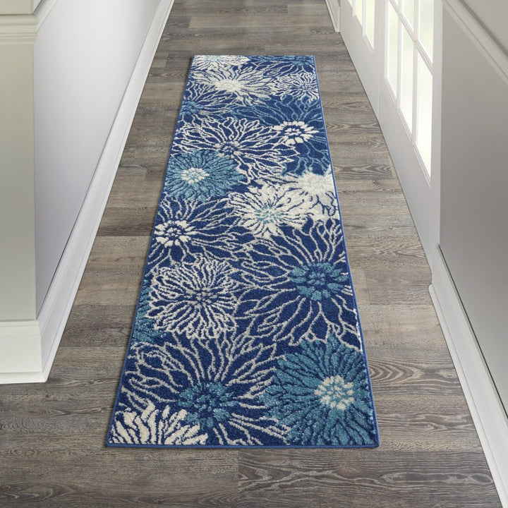 10 Navy Blue Floral Power Loom Runner Rug Image 4