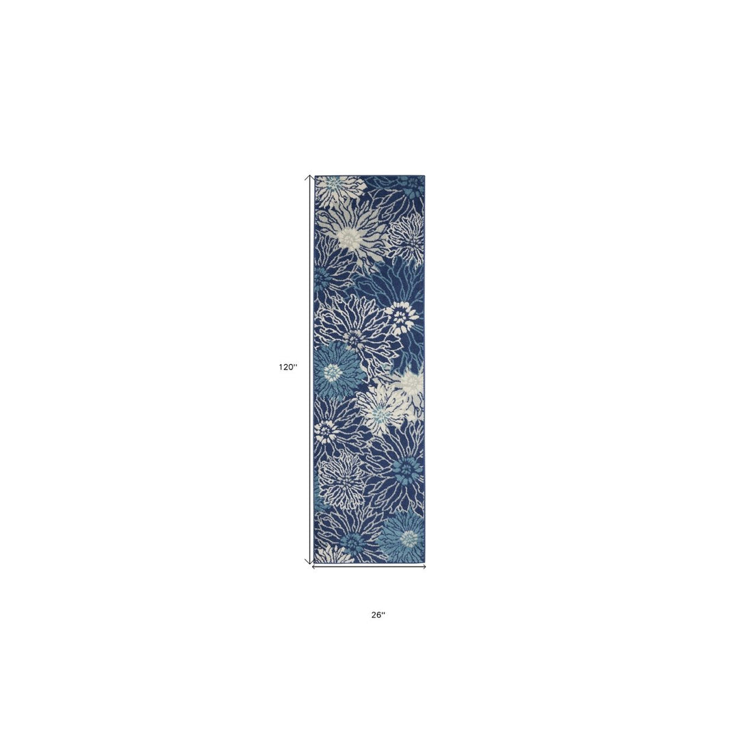 10 Navy Blue Floral Power Loom Runner Rug Image 5