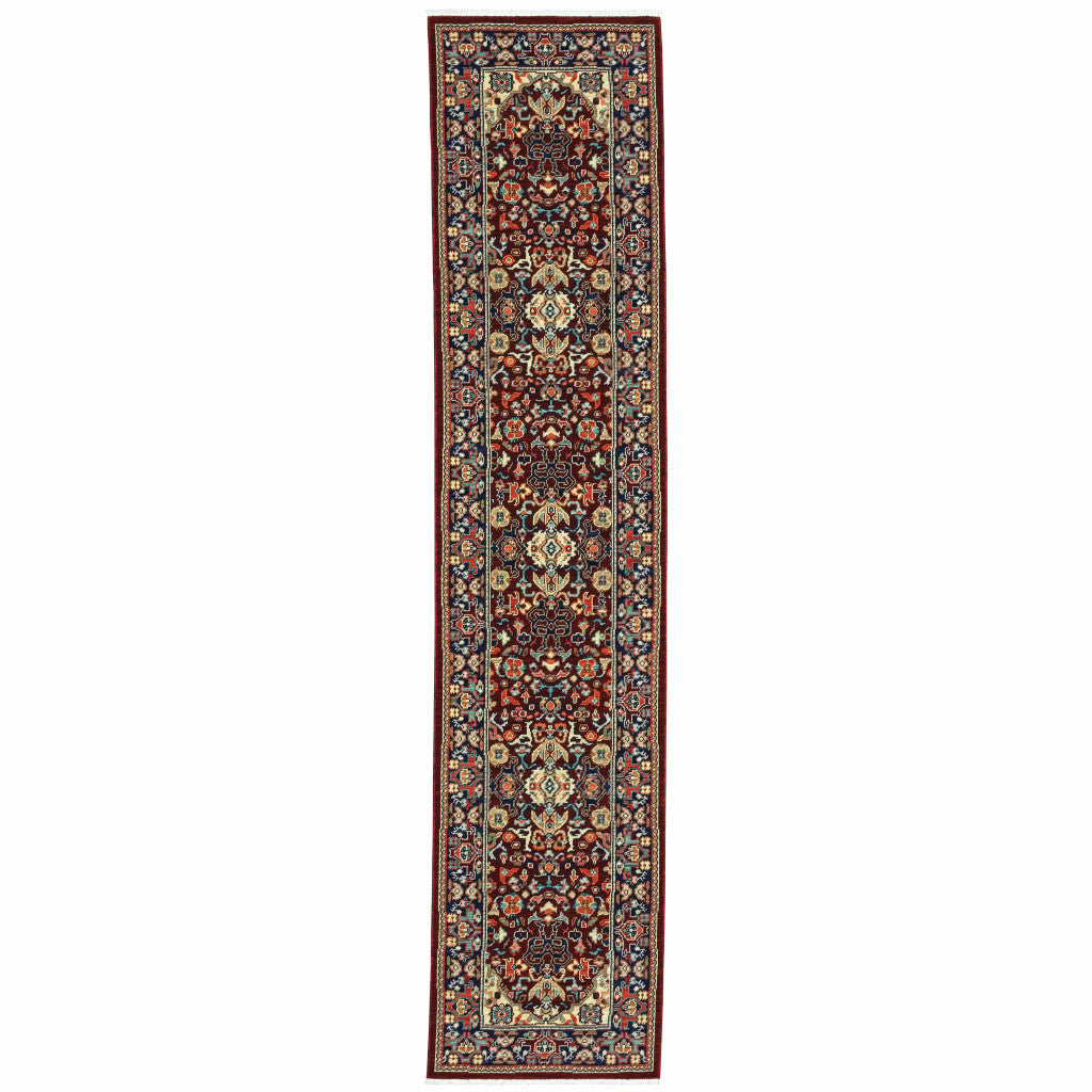 2 X 10 Blue And Red Oriental Power Loom Runner Rug With Fringe Image 1