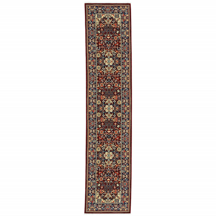 2 X 10 Blue And Red Oriental Power Loom Runner Rug With Fringe Image 1