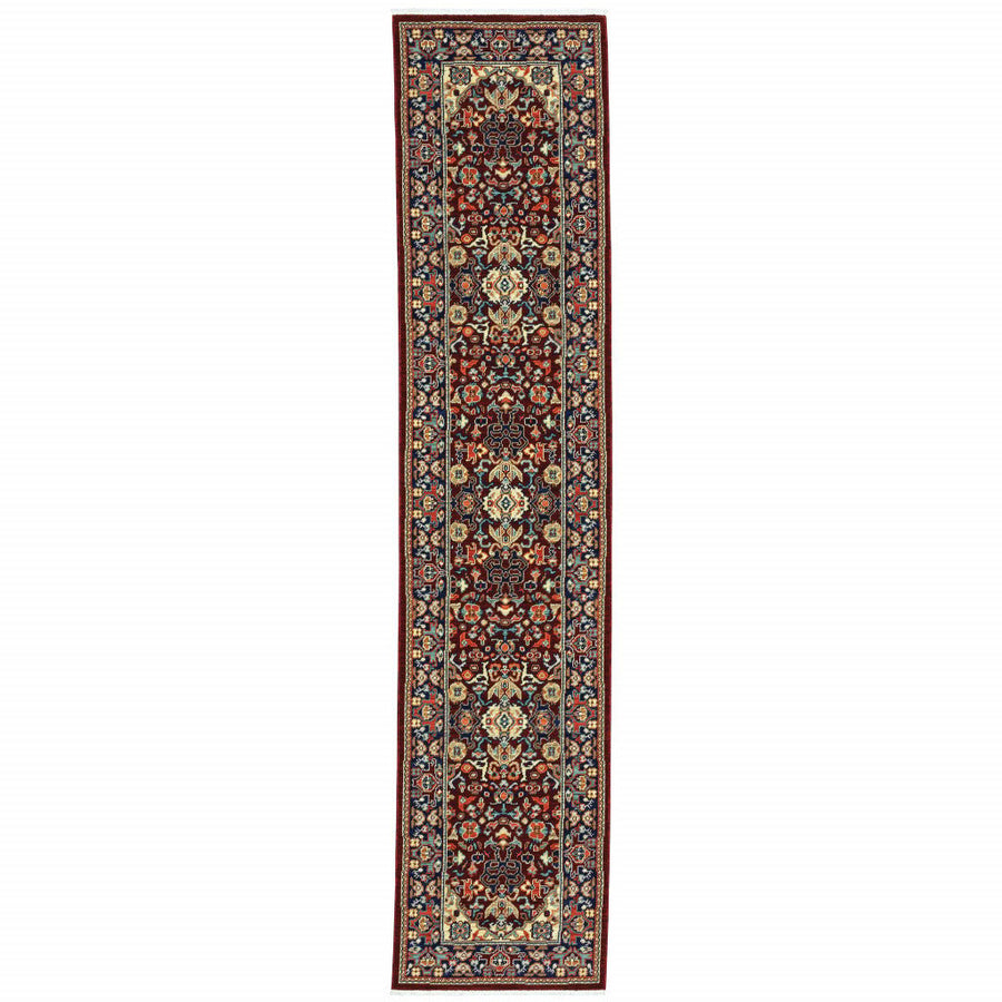 2 X 10 Blue And Red Oriental Power Loom Runner Rug With Fringe Image 1