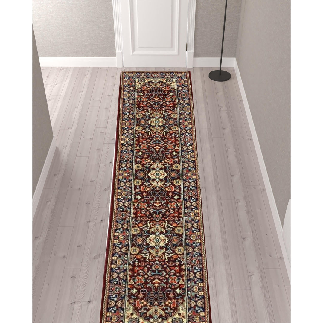 2 X 10 Blue And Red Oriental Power Loom Runner Rug With Fringe Image 2