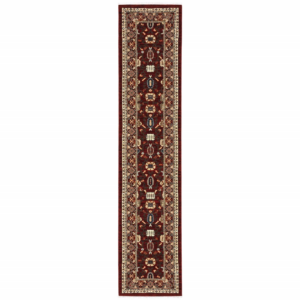 2 X 10 Red And Ivory Oriental Power Loom Runner Rug With Fringe Image 1