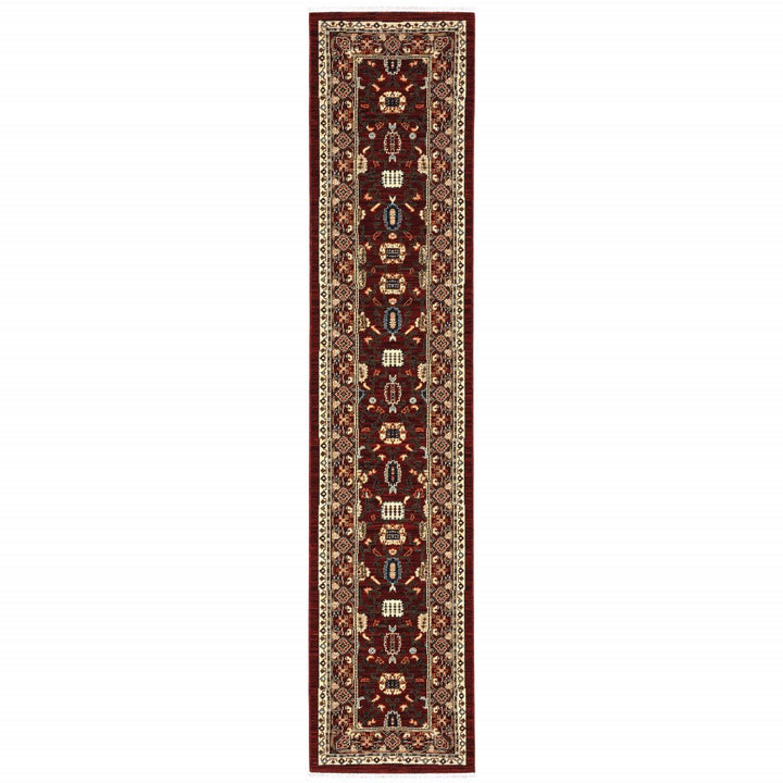 2 X 10 Red And Ivory Oriental Power Loom Runner Rug With Fringe Image 1