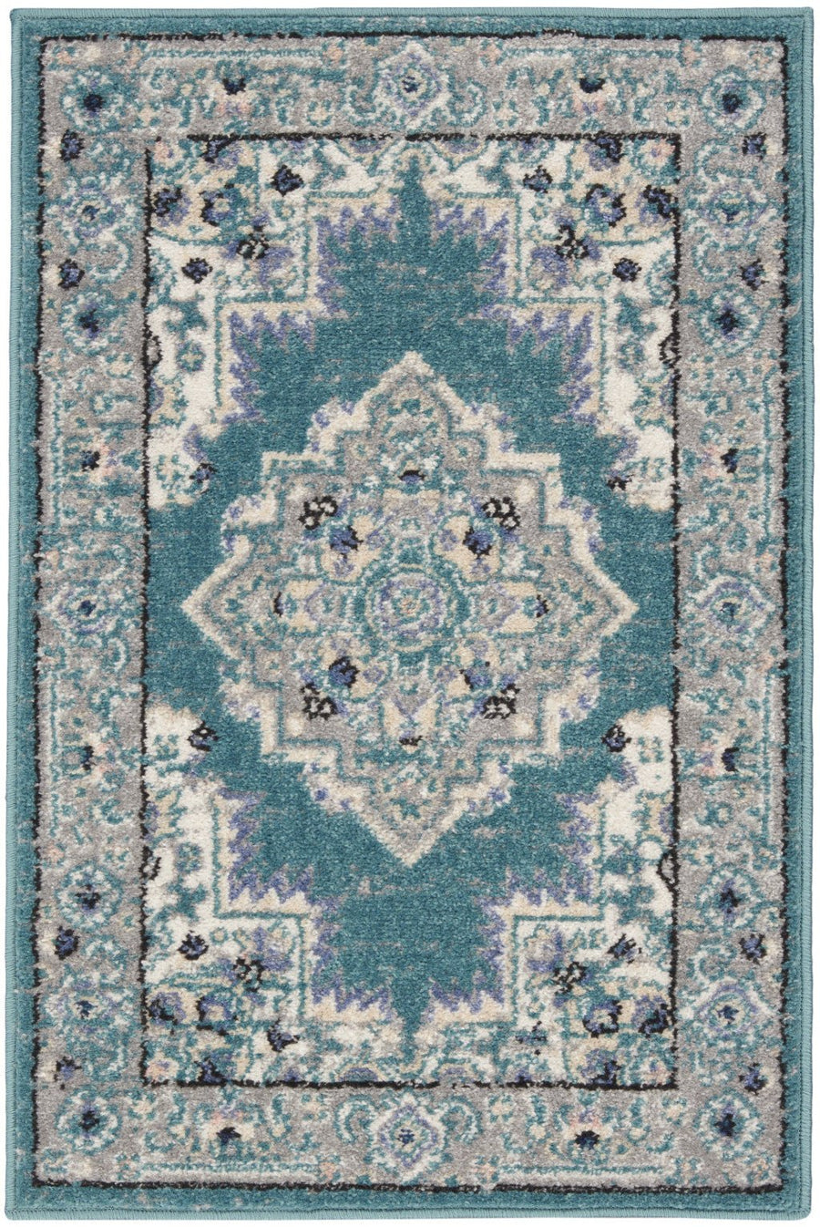 2 X 3 Aqua Floral Power Loom Distressed Area Rug Image 1