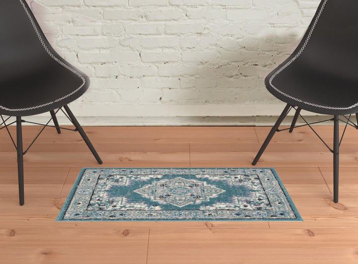 2 X 3 Aqua Floral Power Loom Distressed Area Rug Image 2