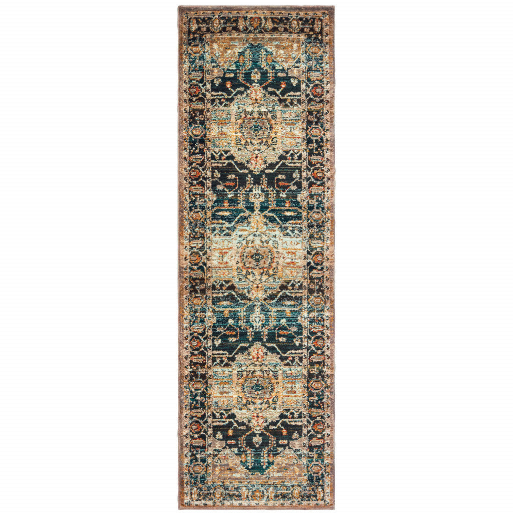 2 X 8 Blue Gold Grey Orange Ivory And Teal Oriental Power Loom Stain Resistant Runner Rug Image 1