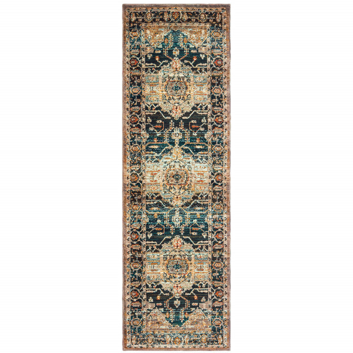 2 X 8 Blue Gold Grey Orange Ivory And Teal Oriental Power Loom Stain Resistant Runner Rug Image 1