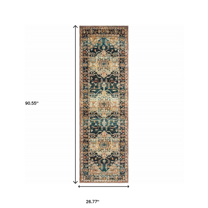 2 X 8 Blue Gold Grey Orange Ivory And Teal Oriental Power Loom Stain Resistant Runner Rug Image 5