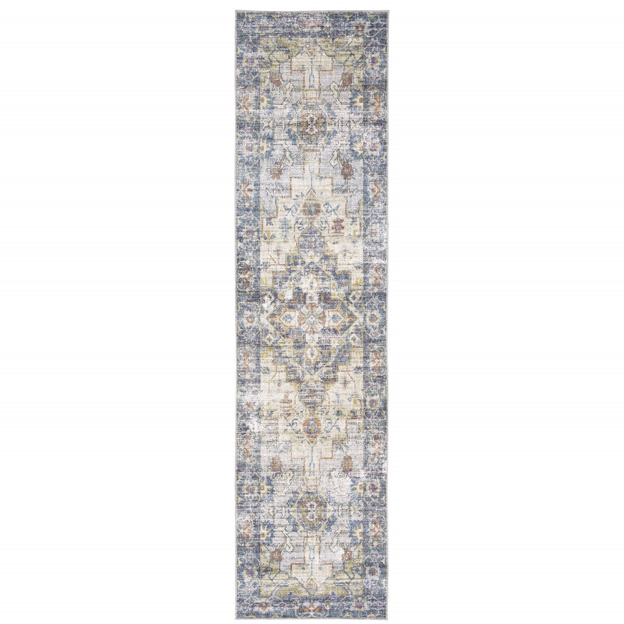 2 X 8 Blue Gold Grey Orange Yellow And Purple Oriental Power Loom Stain Resistant Runner Rug Image 1