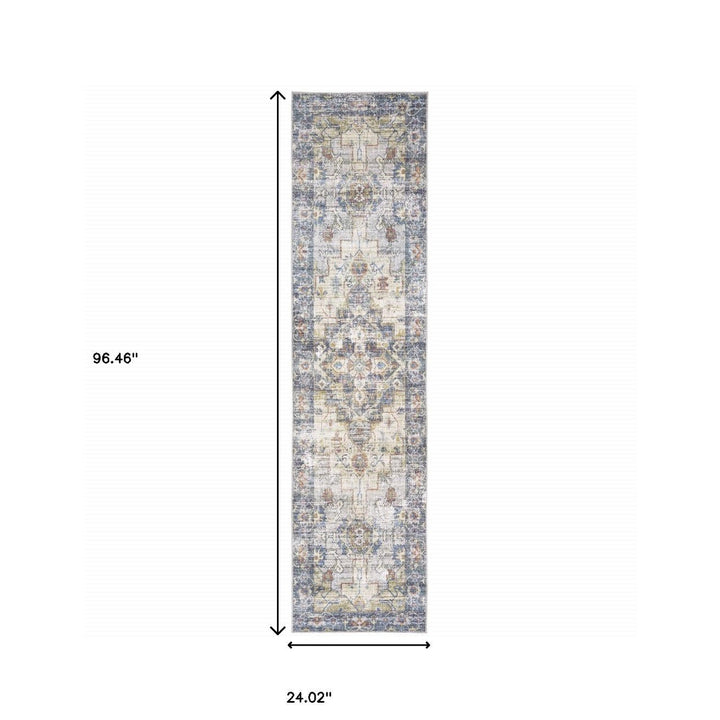 2 X 8 Blue Gold Grey Orange Yellow And Purple Oriental Power Loom Stain Resistant Runner Rug Image 10